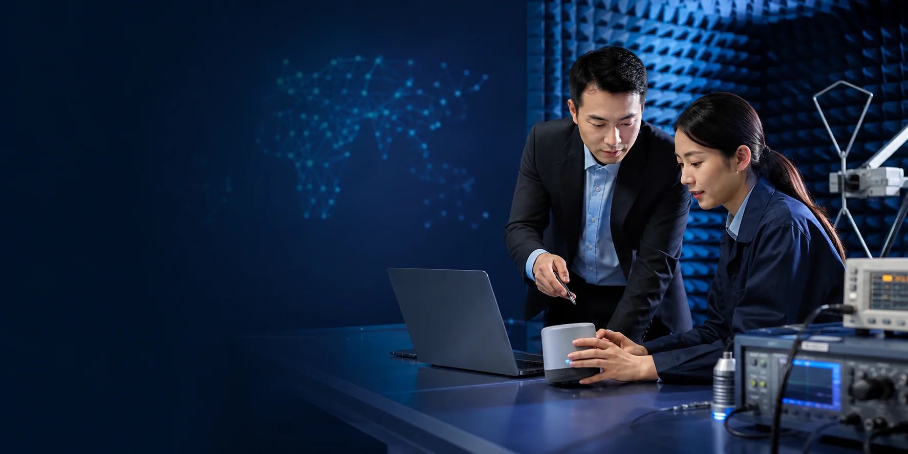 Asian certification consultant planning global compliance in an electronics lab