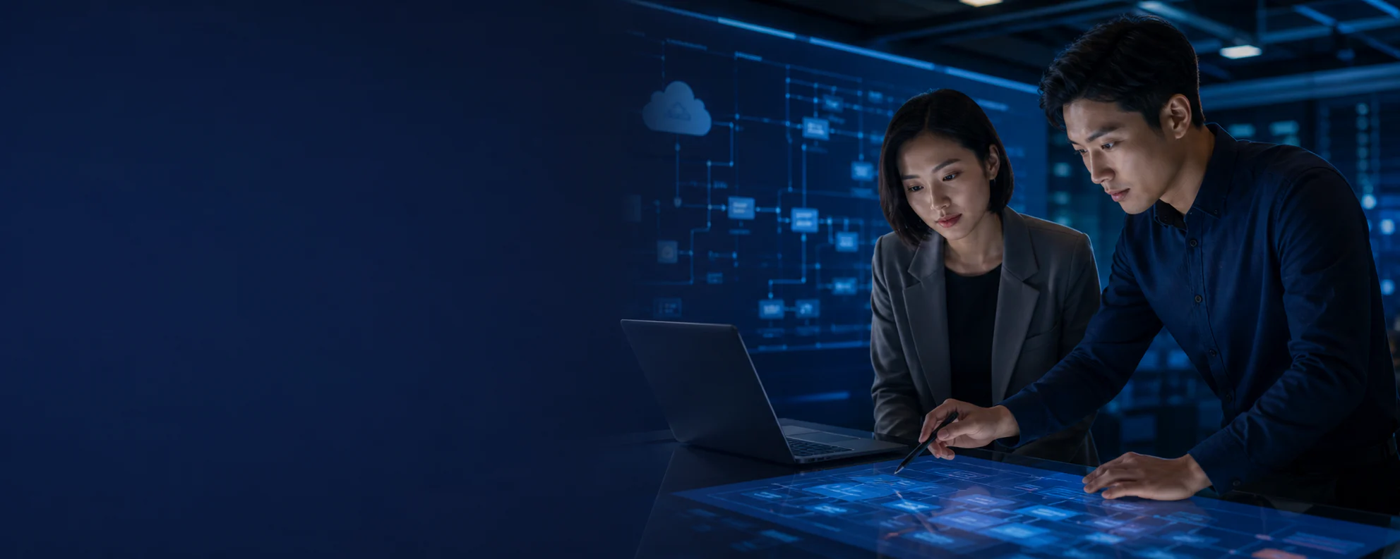 Asian technology specialists reviewing enterprise systems and cloud architecture