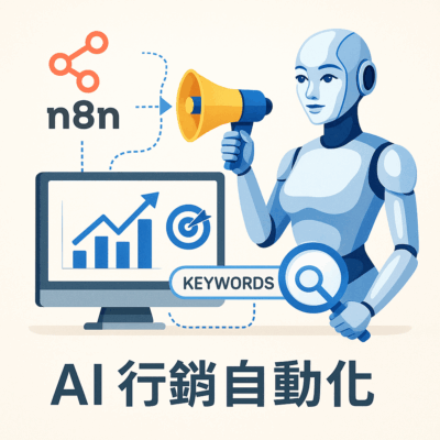 AI 行銷自動化插畫，整合 n8n 與社群行銷平台