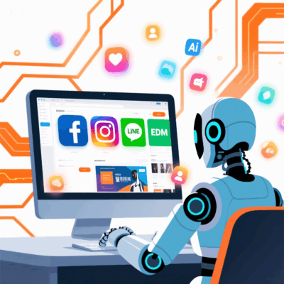 AI 機器人設計廣告圖，螢幕顯示 FB IG LINE EDM 社群設計稿